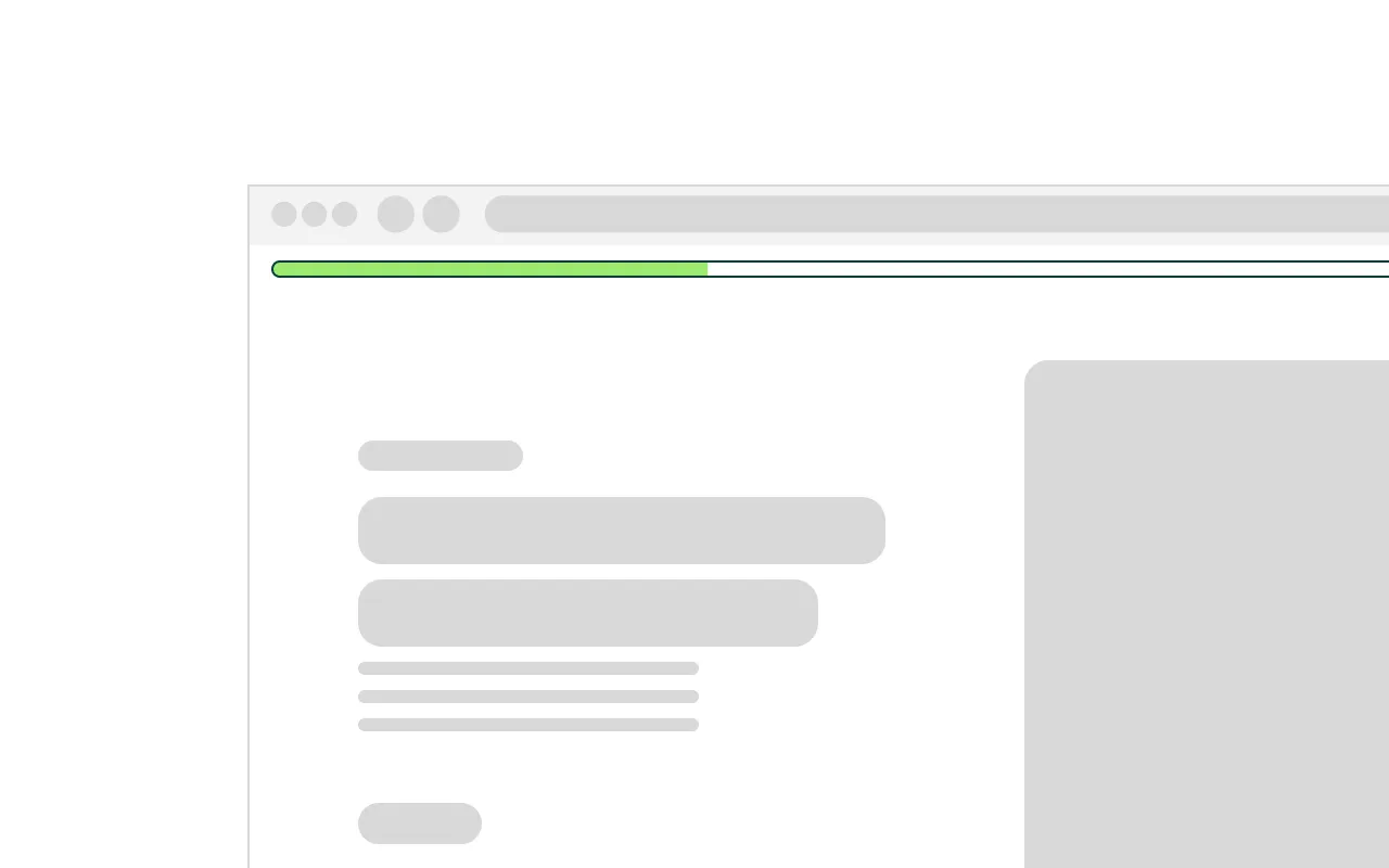 Illustration of a browser window with a partially loaded green progress bar at the top and grey placeholder text elements inside.