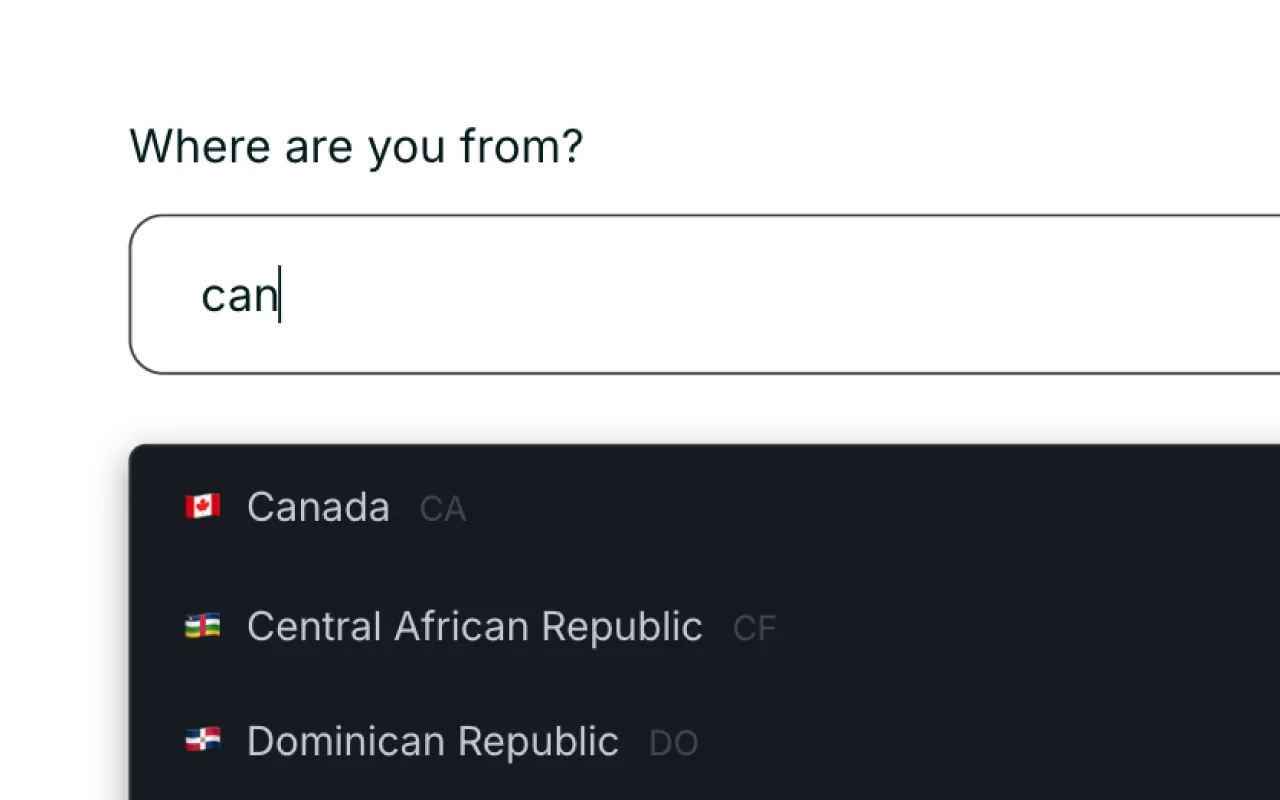 Country selection dropdown with input 'can' showing options Canada, Central African Republic, and Dominican Republic with their flags.