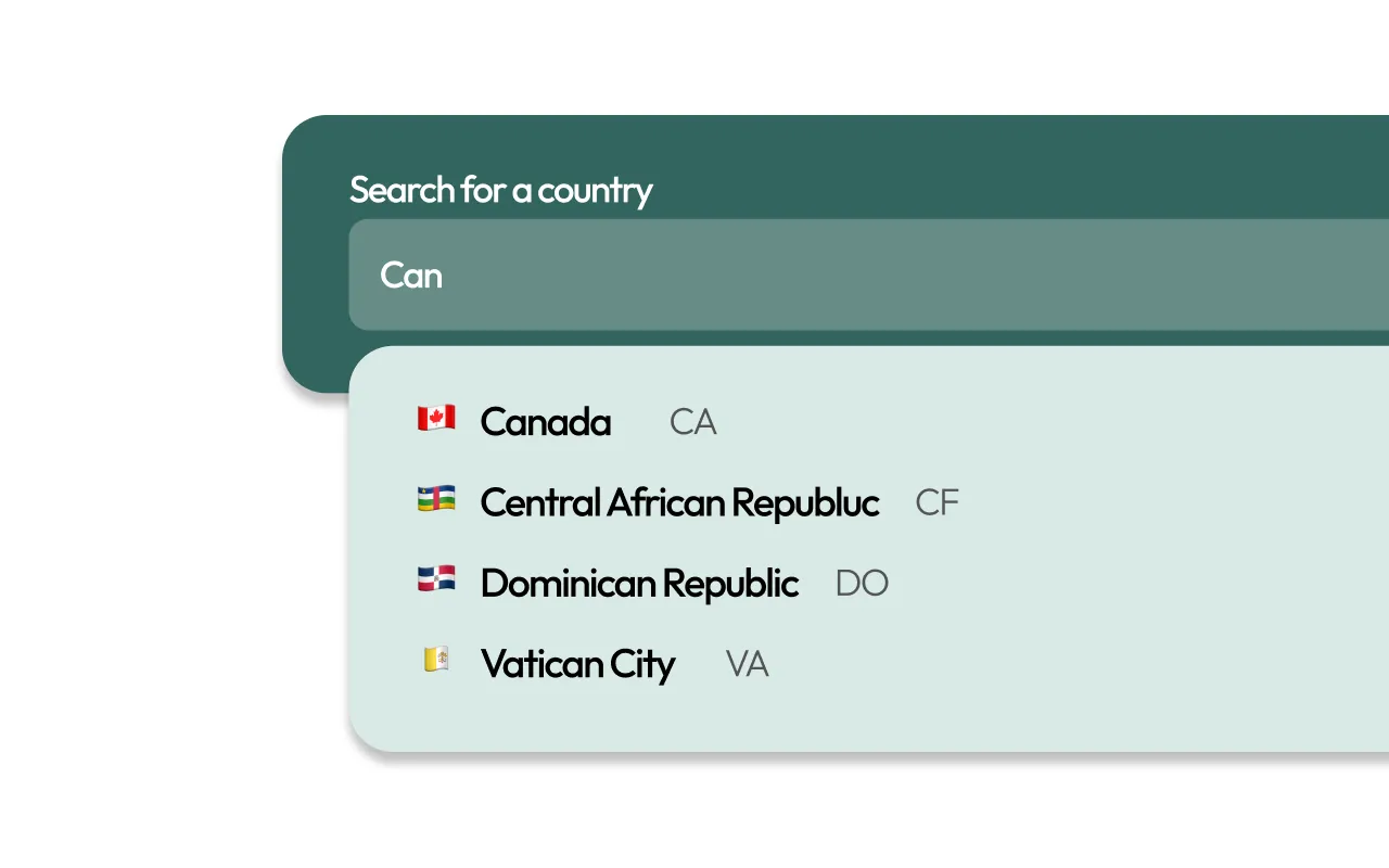 Country search dropdown showing countries starting with 'Can' including Canada, Central African Republic, Dominican Republic, and Vatican City with their flags and country codes.