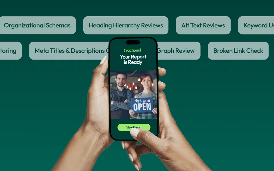 Perks of a report like "Organizational schema" and "Broken link reviews" with a phone being held with the message saying "Your report is ready". There is a green background