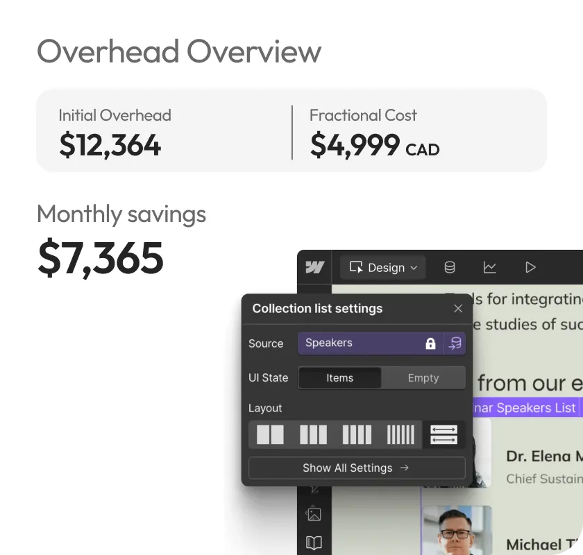 A preview of monthly savings of $7,365 per month when switching to Fractional Webflow Development. This is an example of savings.