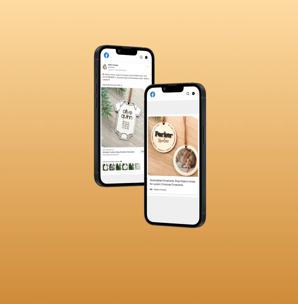 Two phones floating on a blue background showing two different meta ads for the same company.