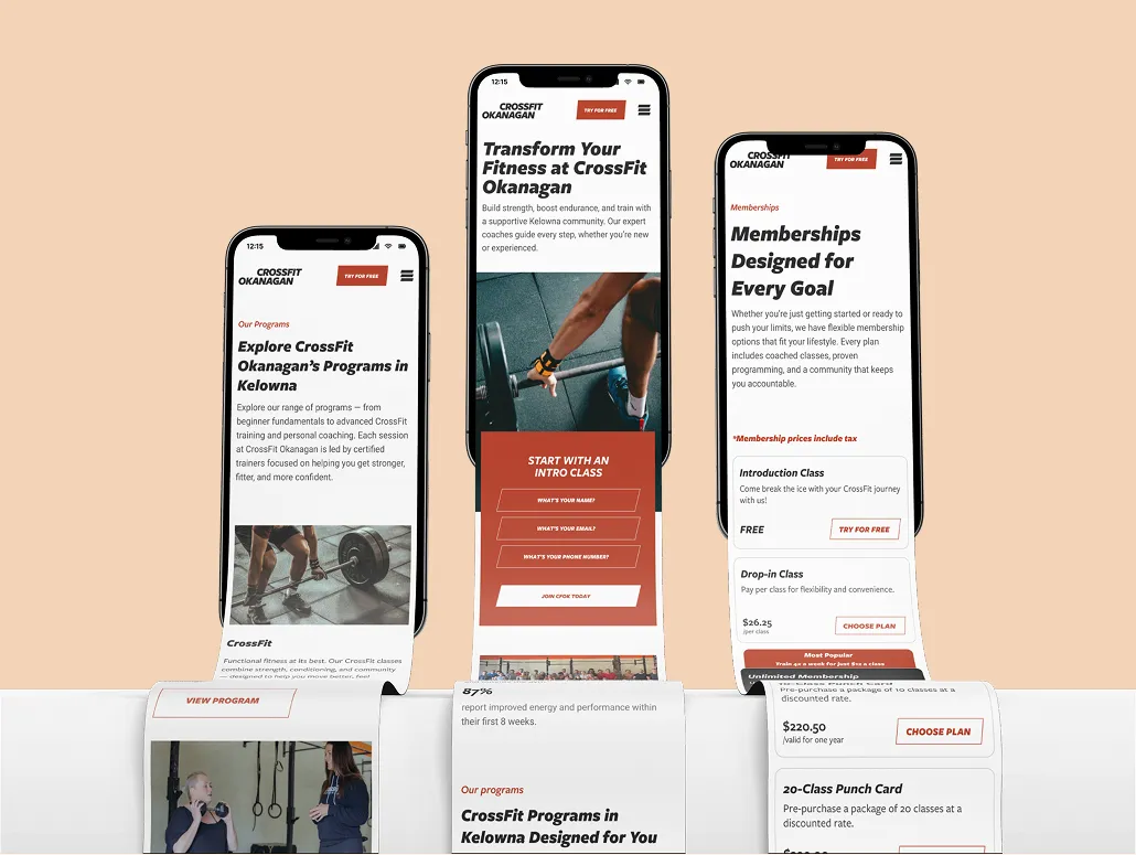Three phones with their displays scrolling off the phone and over a white ledge. The phones all show different landing pages on Crossfit Okanagan website.