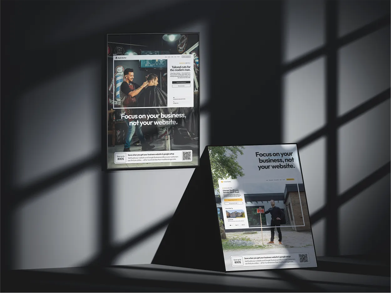 Two posters in a dimly lit room. The posters show two ads for Fractional Creative. Each is saying "Focus on your business- not your website."