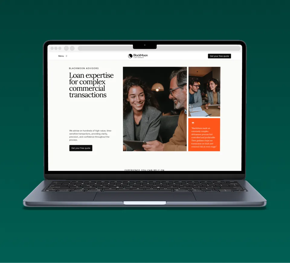 A laptop open with a green background. The laptop is showing a loan advisors website.