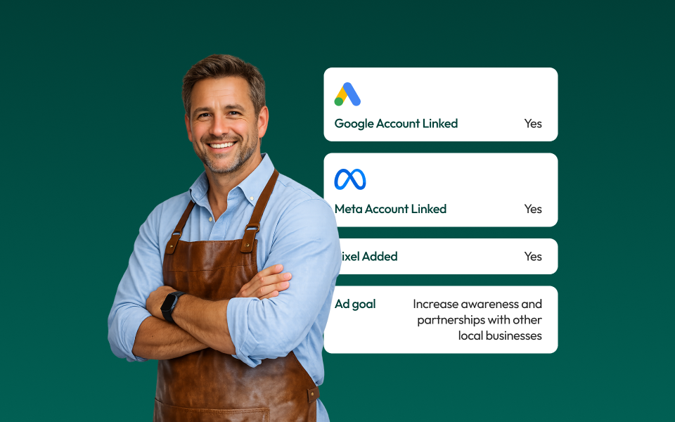 A man smiling with hims arms crossed. White cards are in the background that show that Ads setup items are completed.