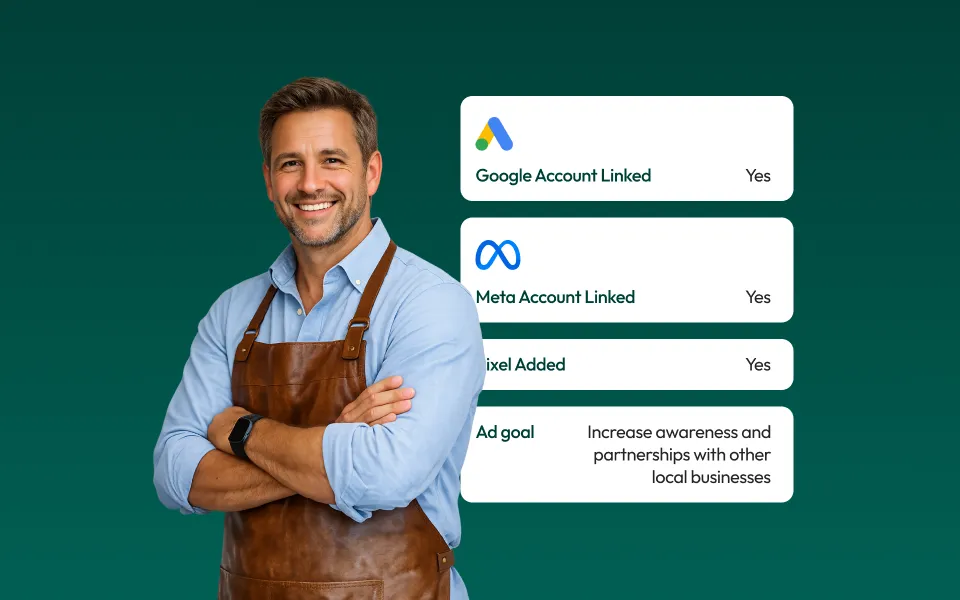 A man smiling with hims arms crossed. White cards are in the background that show that Ads setup items are completed.