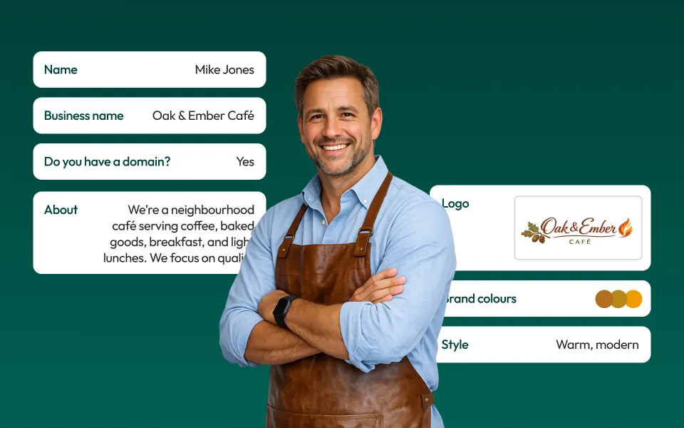 A man smiling with hims arms crossed. White cards are in the background that show that his account setup items are completed.