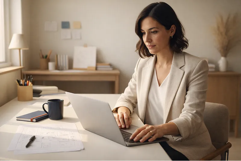 A woman sitting at her desk working