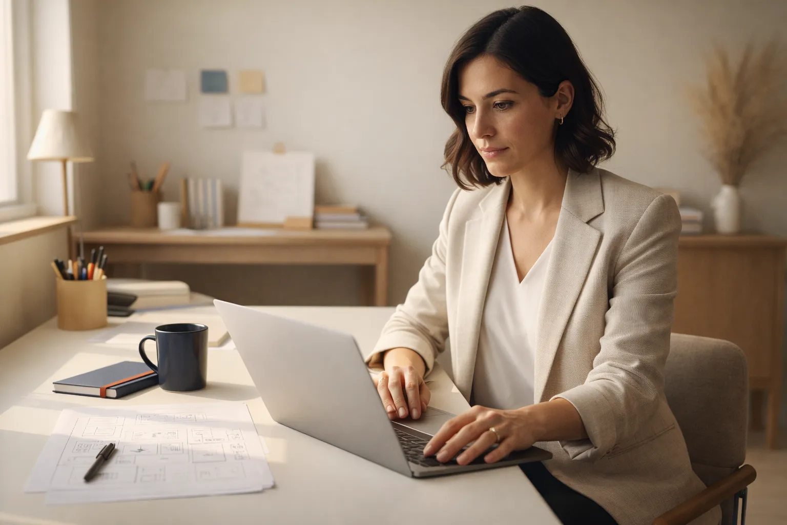 A woman sitting at her desk working