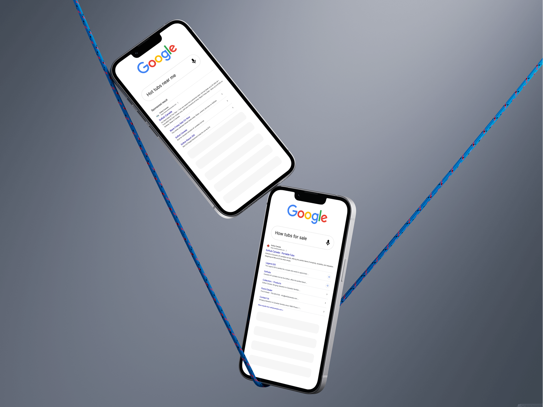 Two phones hanging on a wire showing google searches for a hot tub and our promoted listings being highlighted.