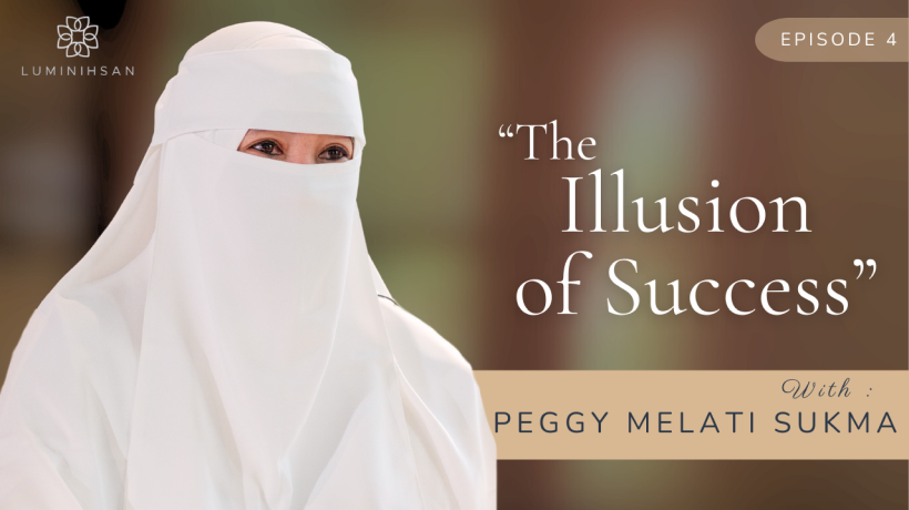A woman wearing a beige hijab and headset smiling, with text reading 'The Jealousy Trap, Episode 1, with Dewi Sandra' and Luminihsan logo.