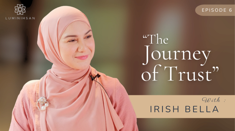 A woman wearing a beige hijab and headset smiling, with text reading 'The Jealousy Trap, Episode 1, with Dewi Sandra' and Luminihsan logo.