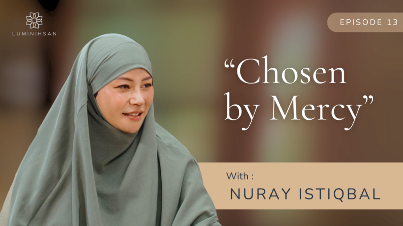 A woman wearing a beige hijab and headset smiling, with text reading 'The Jealousy Trap, Episode 1, with Dewi Sandra' and Luminihsan logo.