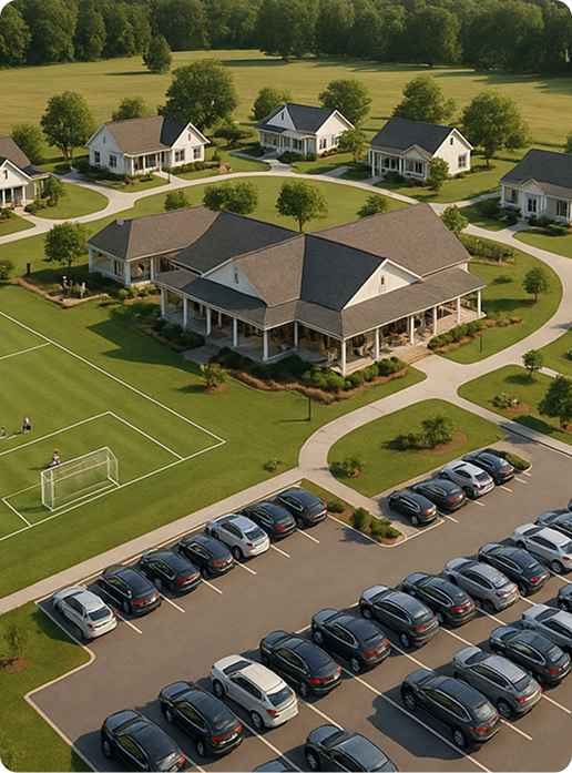 Aerial view of a community with a large central building surrounded by smaller houses, a soccer field, and a parking lot filled with cars.