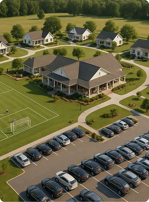 Aerial view of a community with a large central building surrounded by smaller houses, a soccer field, and a parking lot filled with cars.