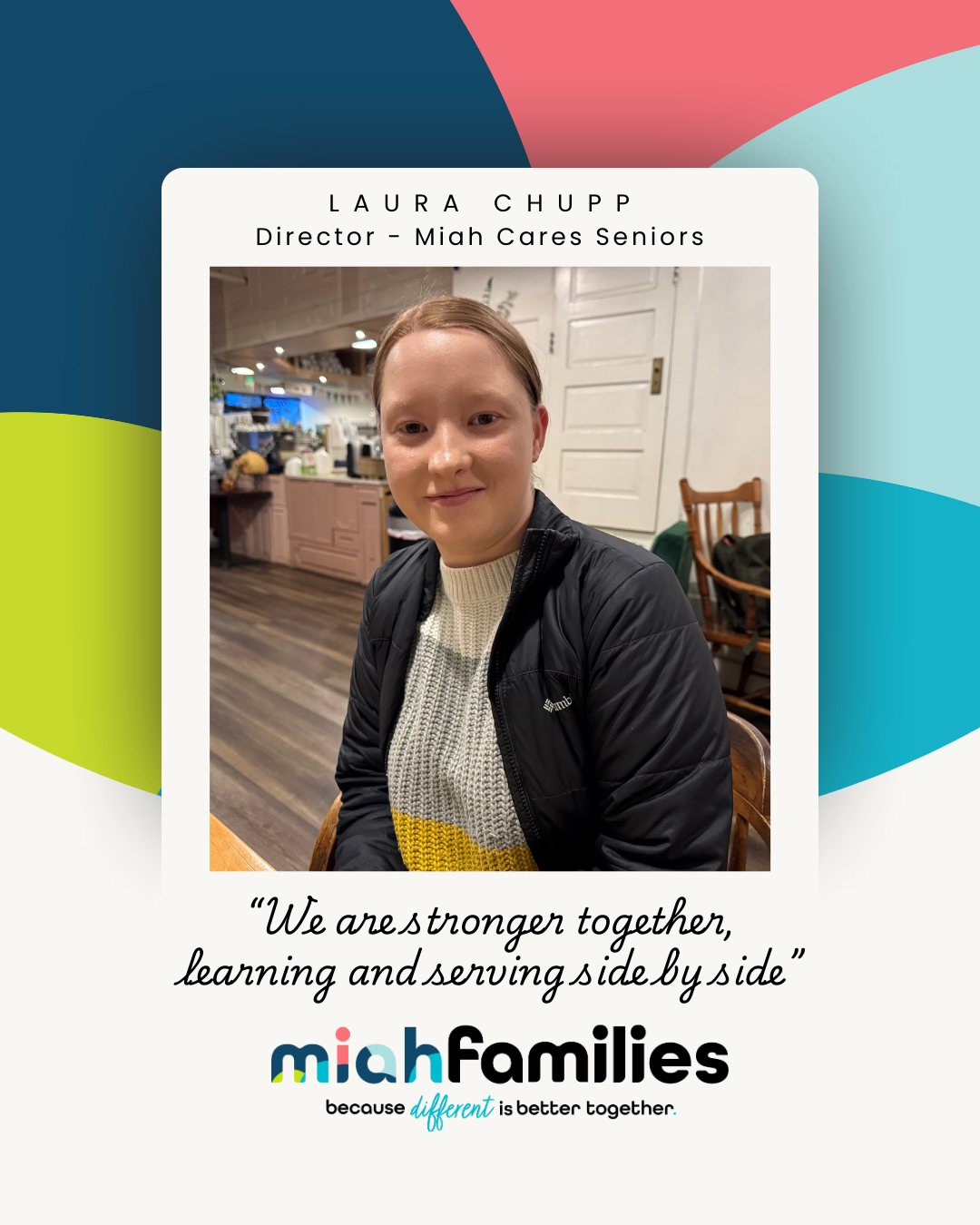 Portrait of Laura Chupp, Director of Miah Cares Seniors, sitting indoors wearing a black jacket and light gray sweater with yellow stripe.