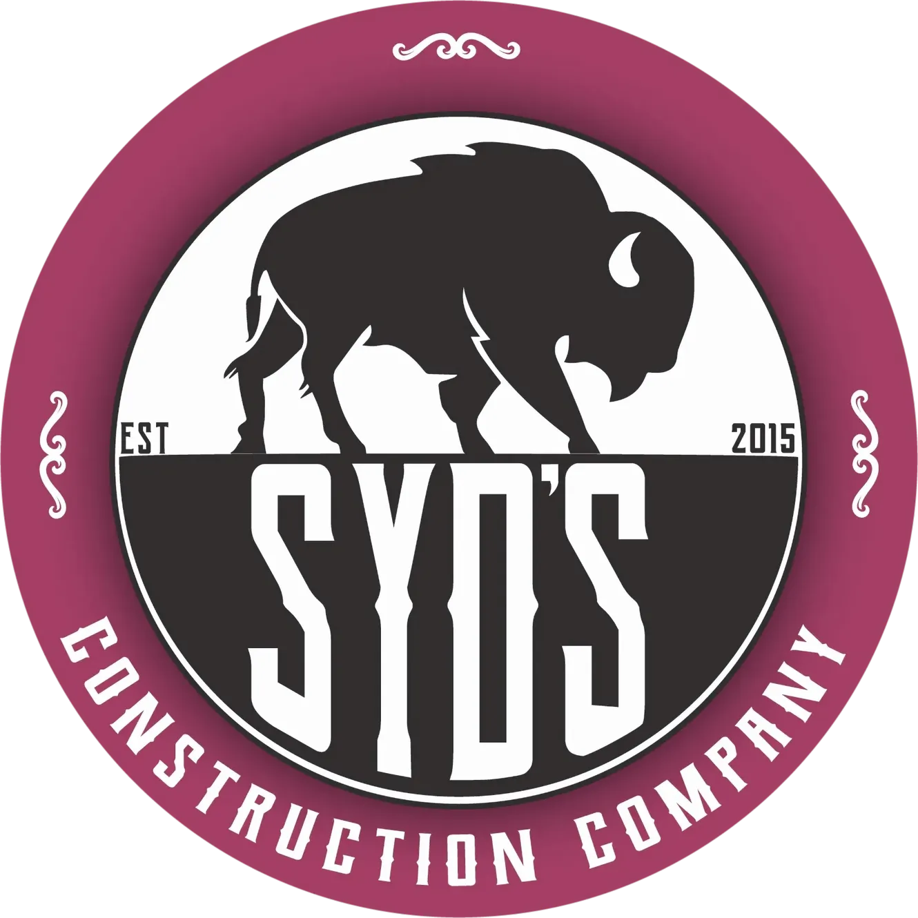 Logo with a bison silhouette on top and SYD'S text below, encircled by CONSTRUCTION COMPANY.