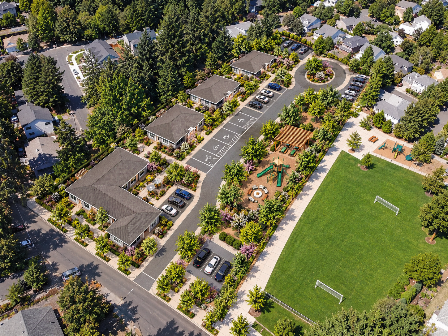 Aerial view of a community with a large central building surrounded by smaller houses, a soccer field, and a parking lot filled with cars.
