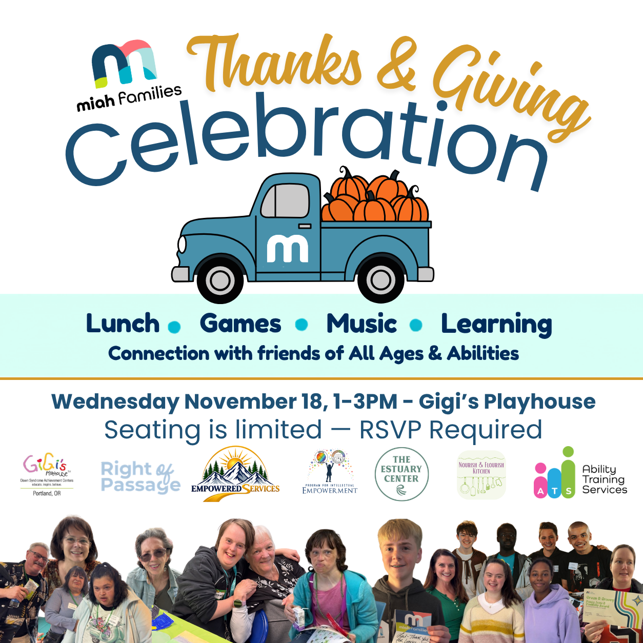 Invitation to the Thanks & Giving Luncheon on November 18 at Gigi's Playhouse, 1:00–3:00 Pm