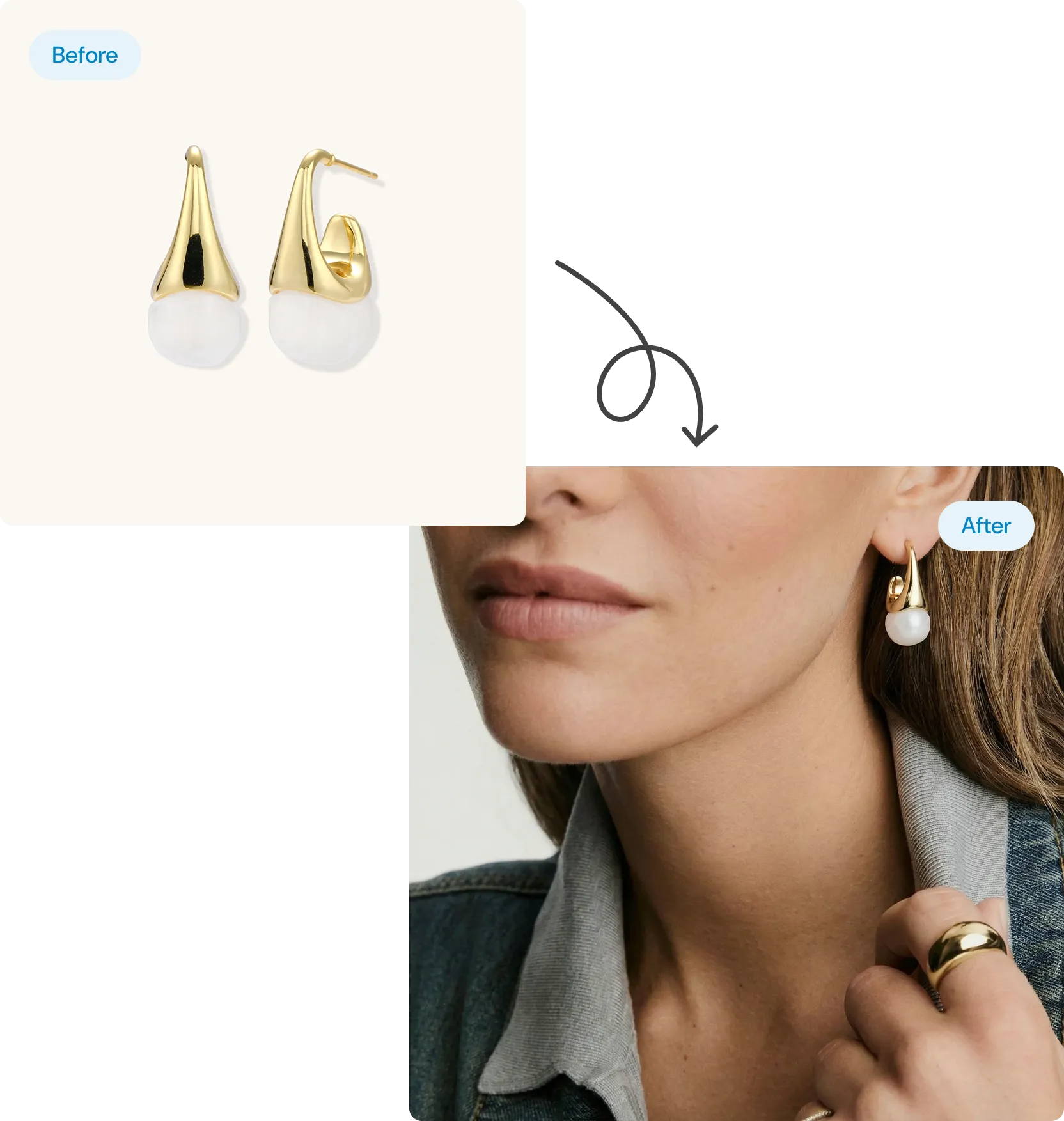 Before image showing a pair of gold and pearl earrings on a white background; after image showing a woman wearing one of the earrings and a gold ring.