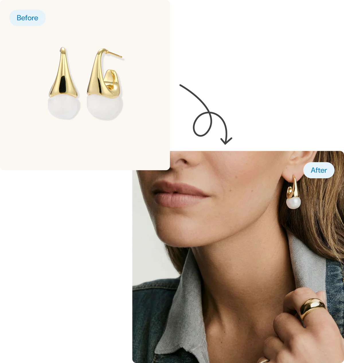 Before image showing a pair of gold and pearl earrings on a white background; after image showing a woman wearing one of the earrings and a gold ring.