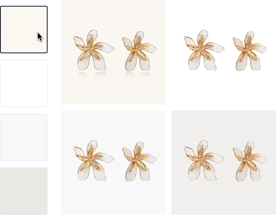 Two gold and white floral-shaped earrings displayed on different light-colored backgrounds in a grid layout.