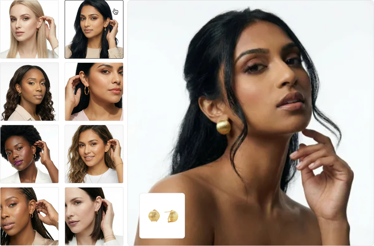 Close-up of a woman with dark hair wearing gold textured round stud earrings, touching her face, with smaller thumbnails of diverse women trying on different earrings on the left side.