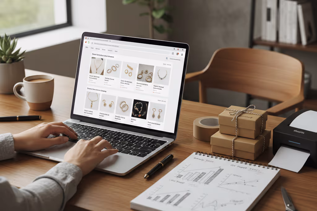 Person browsing an online jewelry store on a laptop at a desk with shipping boxes, tape, a printer, and a notebook with sales charts.