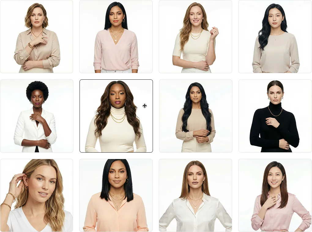 Collage of twelve women of diverse ethnicities posing against a white background, wearing neutral and pastel tops with minimal jewelry.