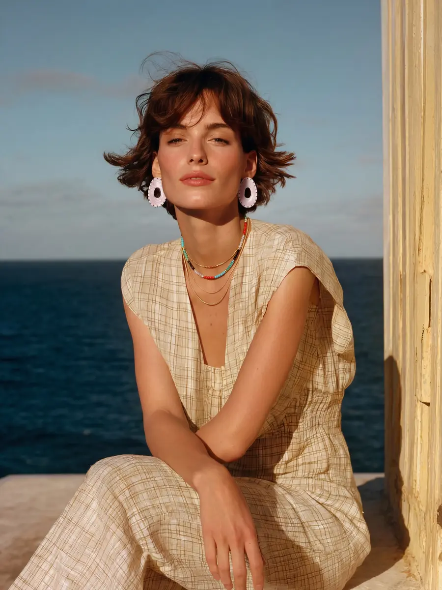 Woman with short brown hair wearing a beige plaid dress and colorful necklaces seated by the ocean.