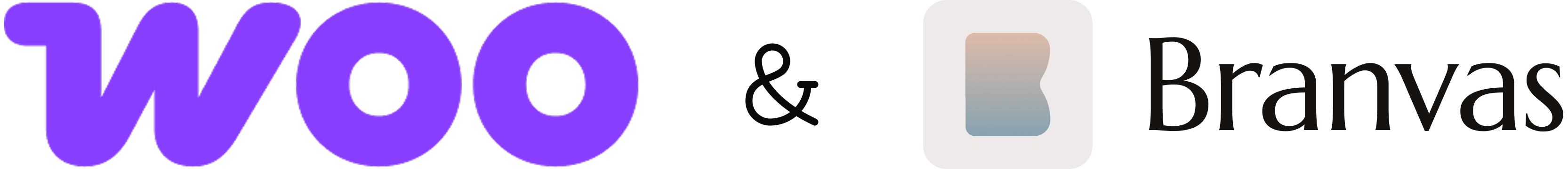 Woo logo in purple next to an ampersand and the Branvas logo with text.