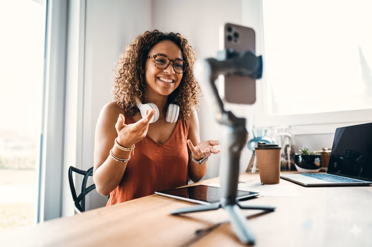 Smiling woman with curly hair and glasses speaking in front of a smartphone on a tripod at a desk with a laptop and coffee cup.