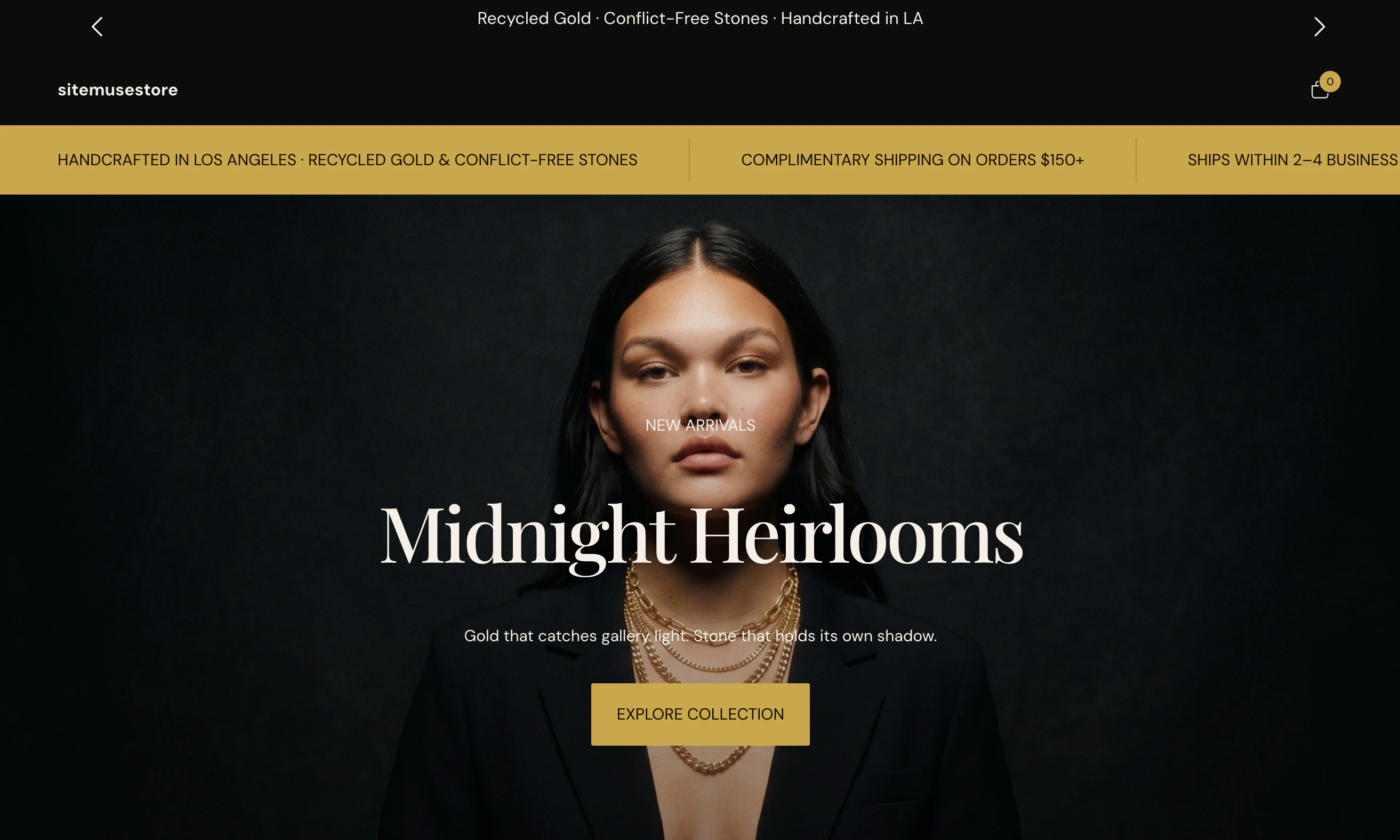 Woman wearing layered gold necklaces and a black blazer against a dark background with text about new gold collection.
