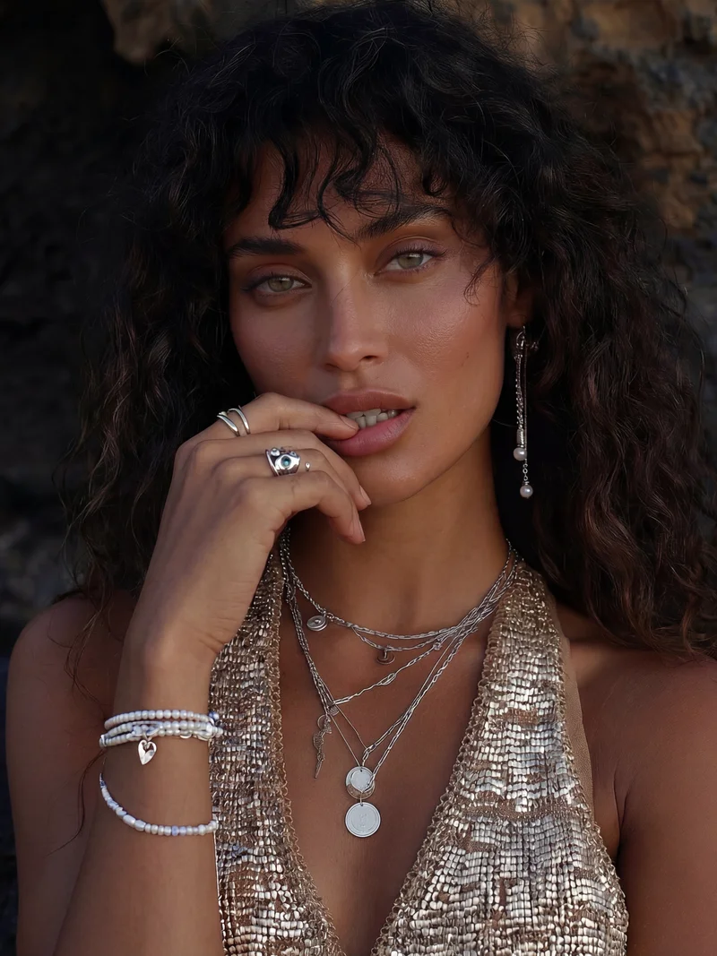 Woman with curly hair wearing layered silver necklaces, rings, bracelets, and long earrings in front of rocks.