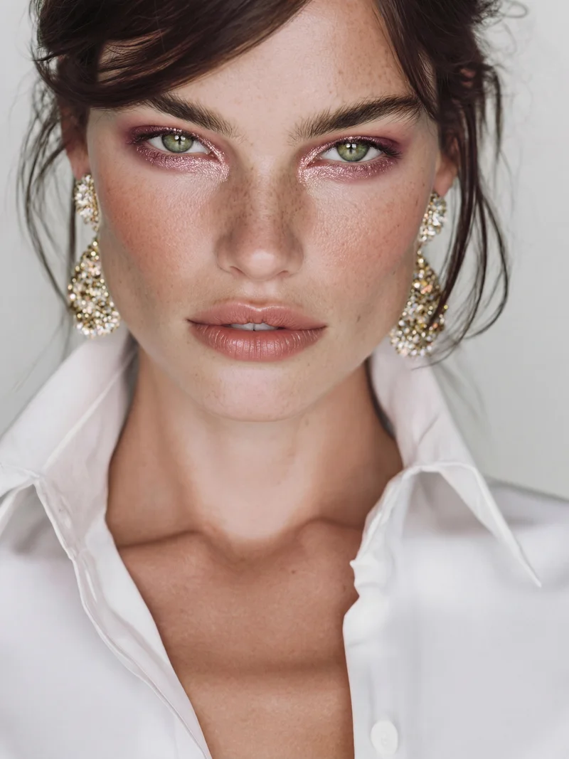 Close-up portrait of a woman with green eyes, light freckles, pink eyeshadow, and gold earrings in a white shirt.