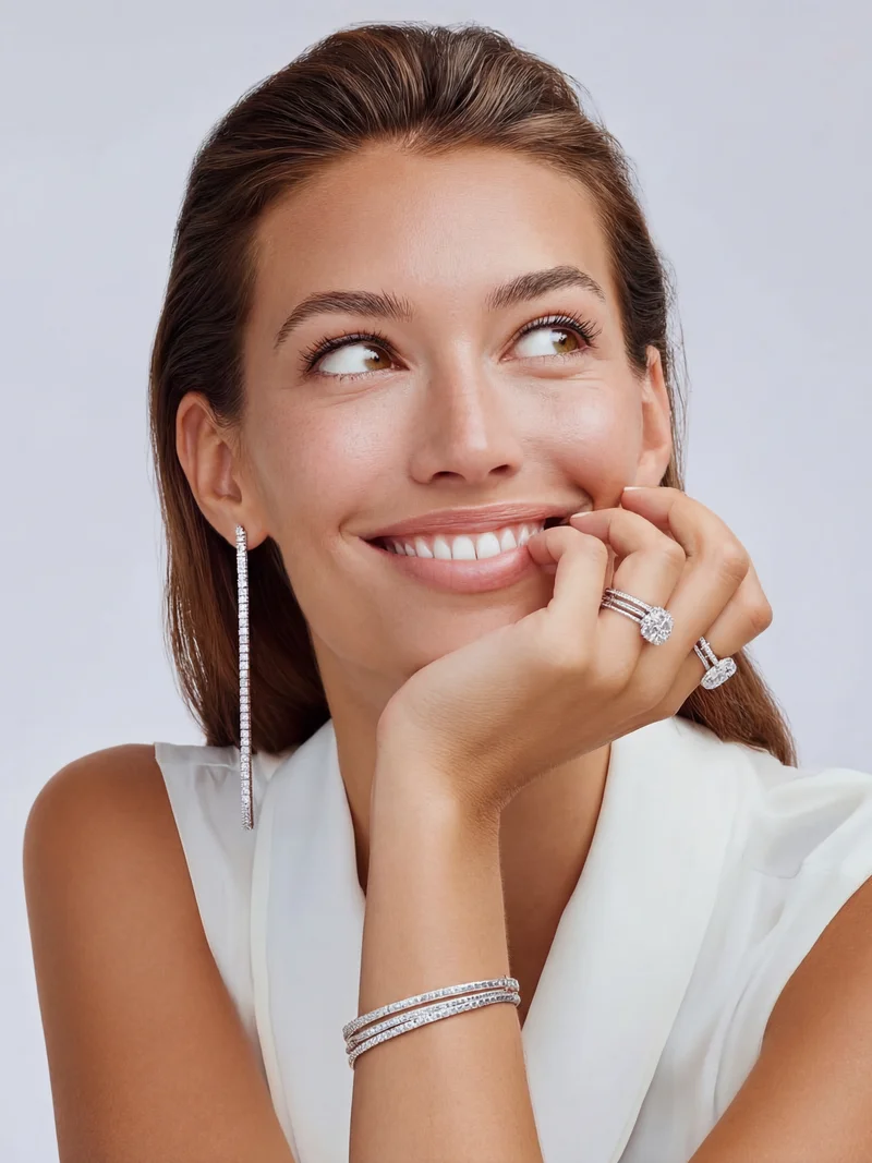 Smiling woman wearing diamond rings, bracelet, and long diamond earrings with white sleeveless top.