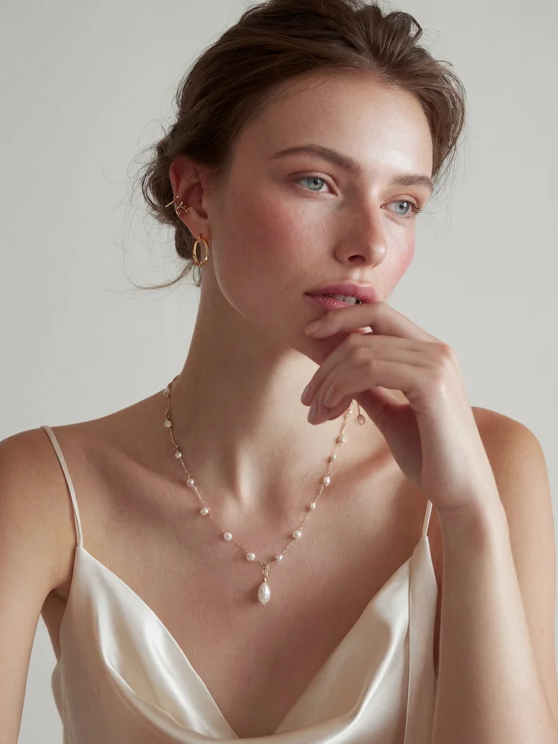 Woman with light skin and tied back hair wearing pearl necklace and gold earrings in satin dress.