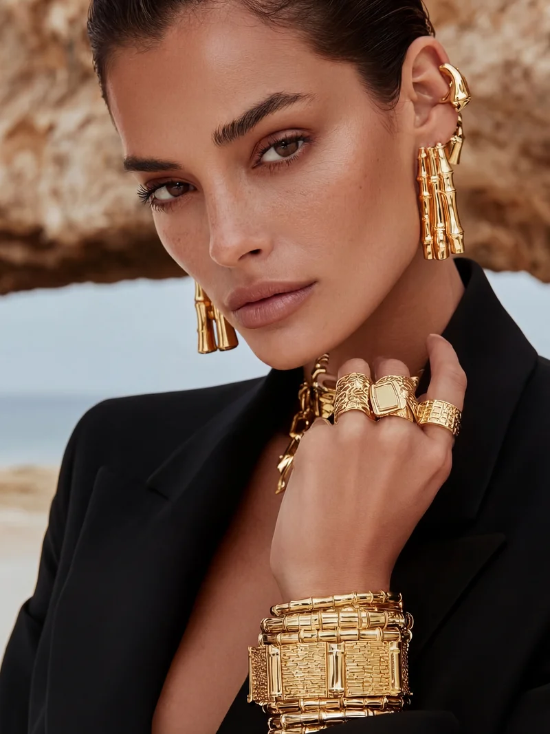 Woman wearing bold gold jewelry including earrings, rings, bracelets, and a black blazer.