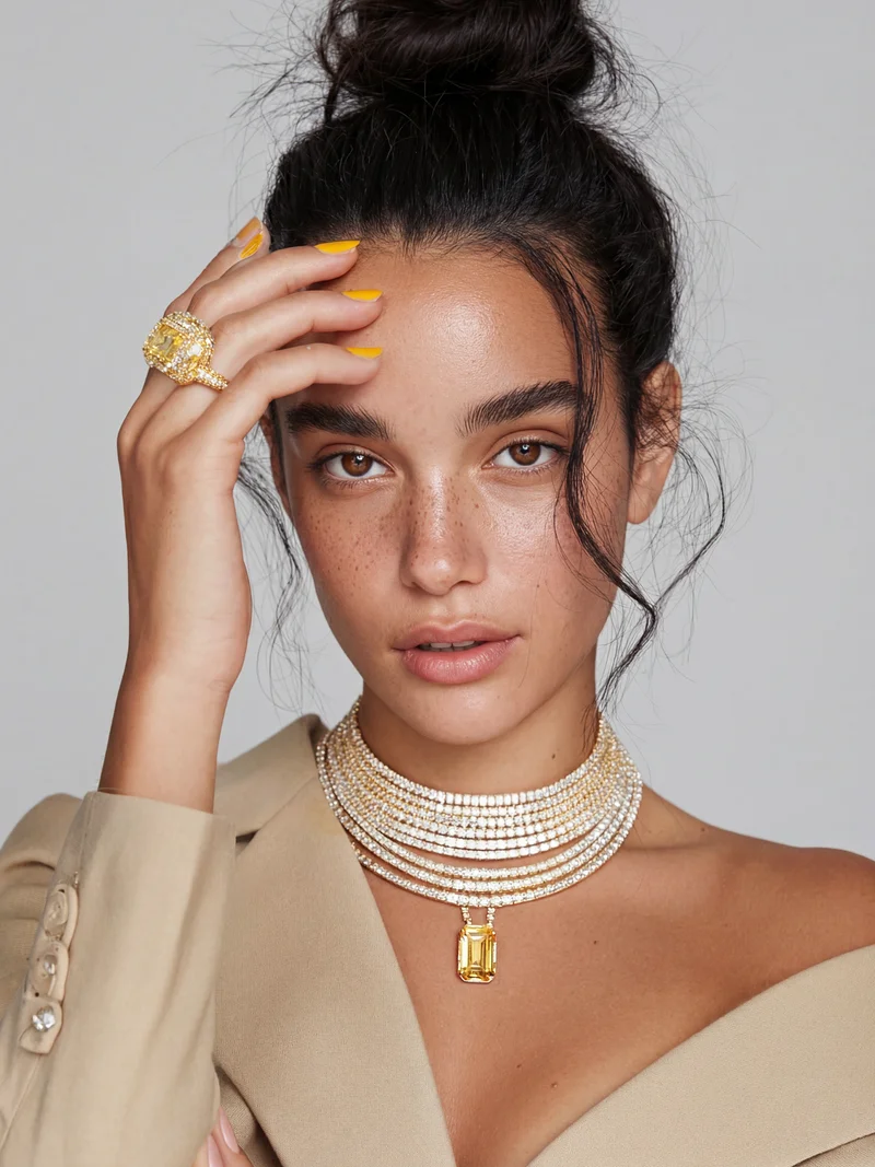 Woman with brown eyes and freckles wears a large yellow gemstone ring and layered diamond necklace.