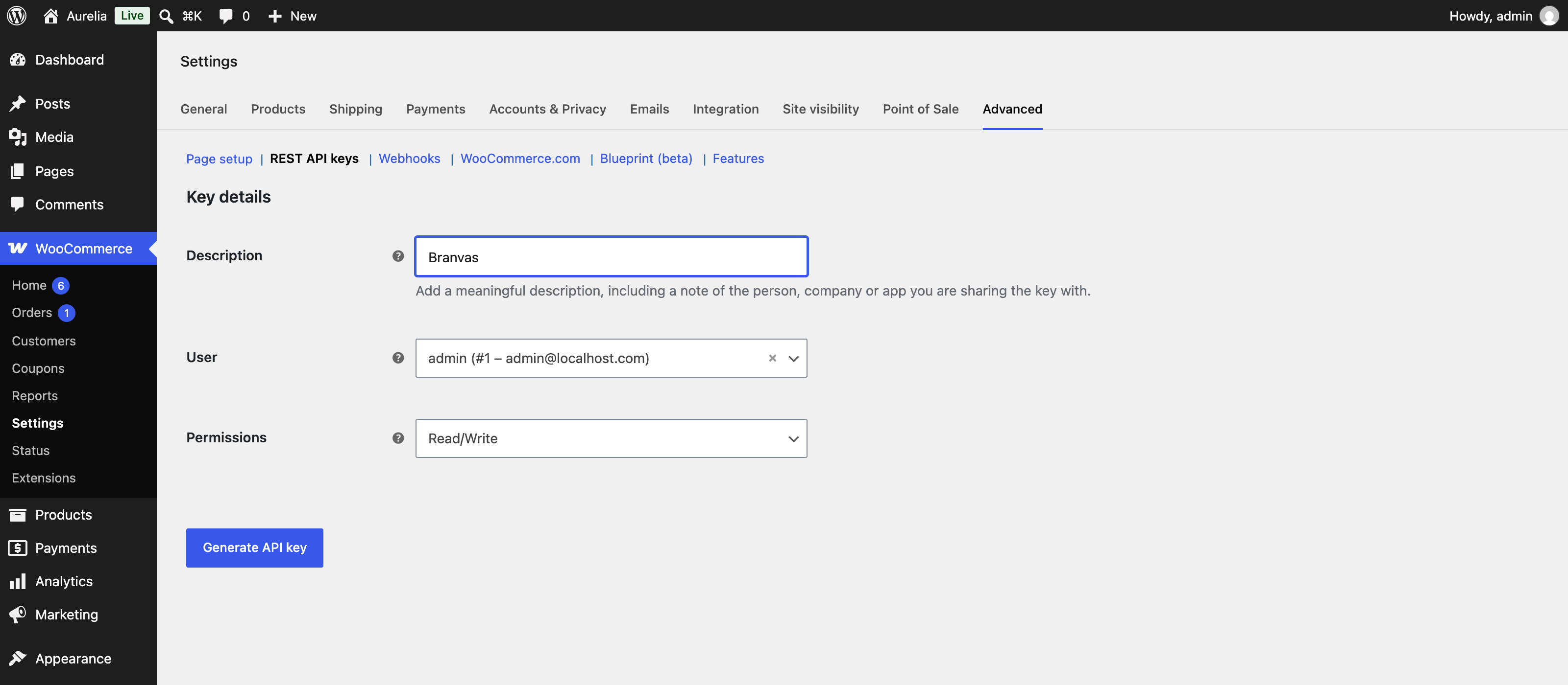 WooCommerce admin: Settings, Advanced, REST API, Add key form with Read/Write permissions