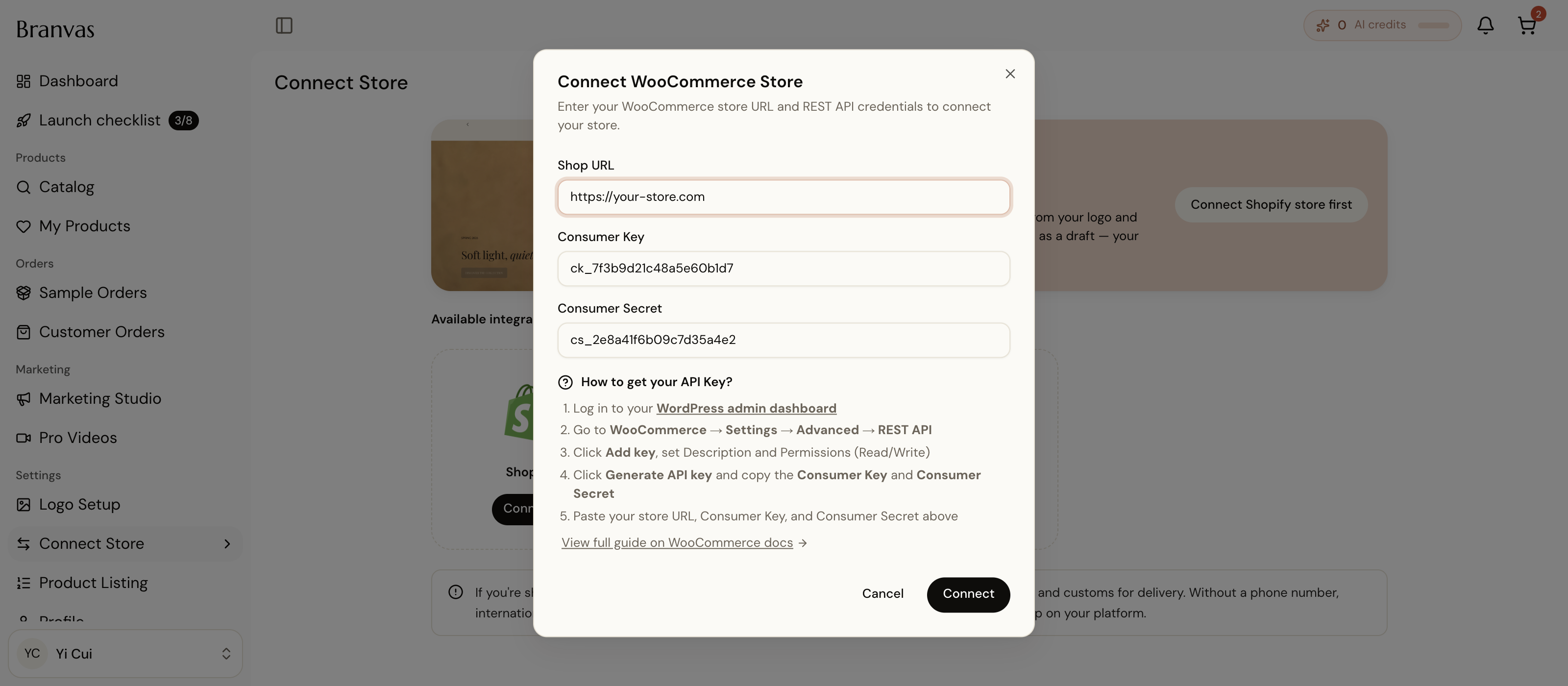 Branvas dashboard: Connect WooCommerce Store dialog with shop URL, consumer key and consumer secret fields