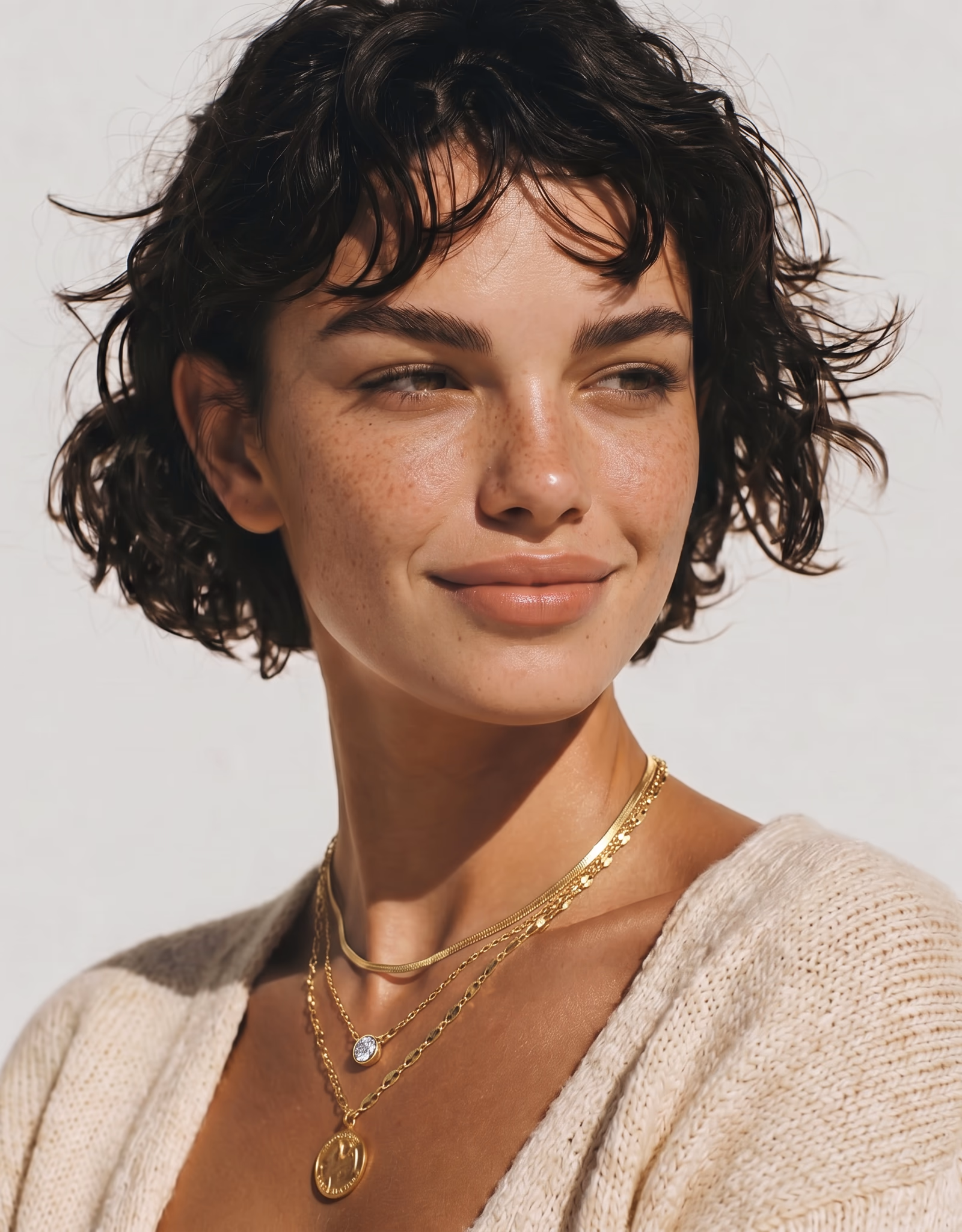 Close-up portrait of a young woman with short curly dark hair, light freckles, wearing layered gold necklaces and a beige knit top, looking to her left with a slight smile.