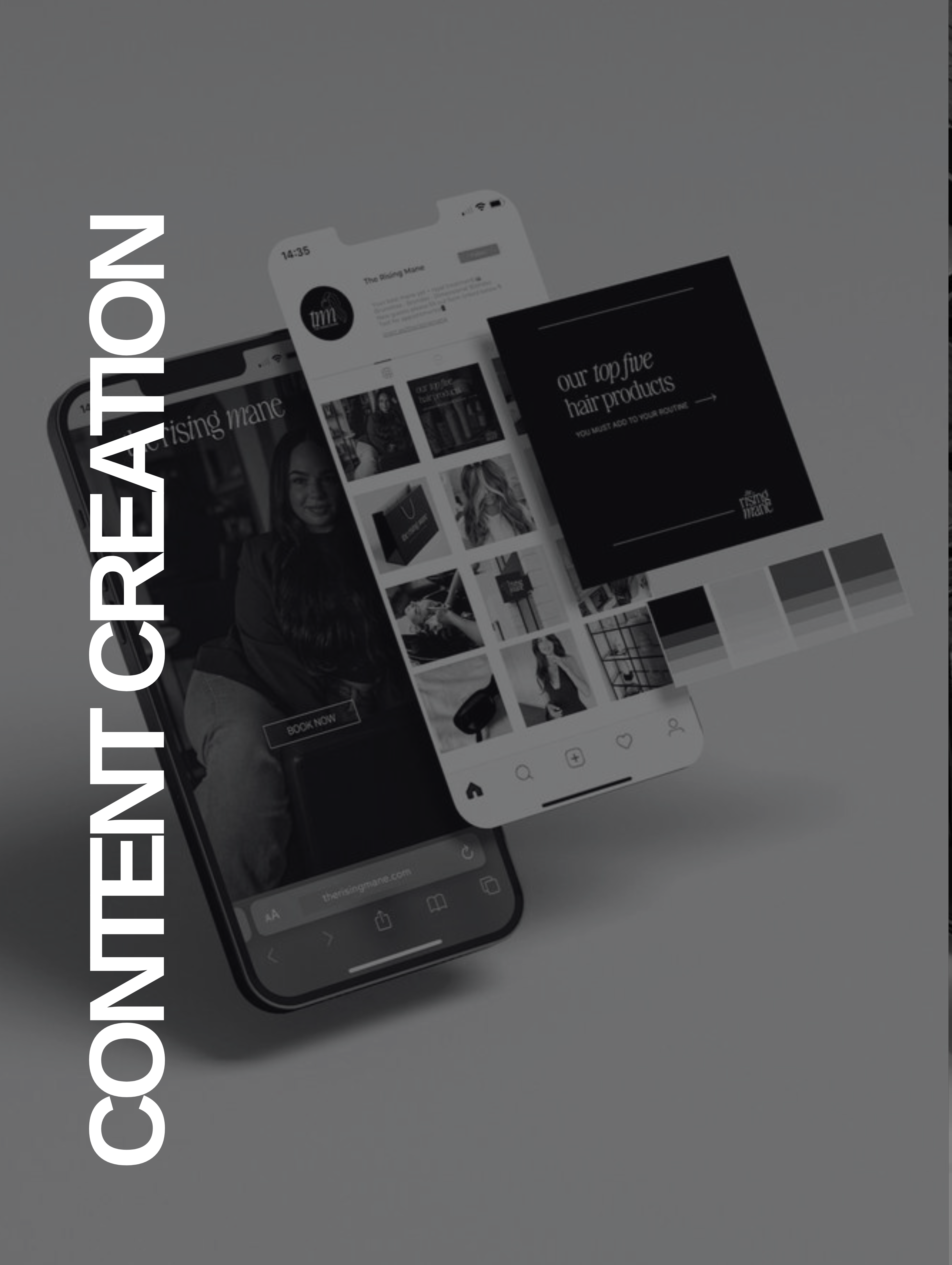 Two smartphones displaying a hair care website and social media page for The Rising Mane with text Content Creation.