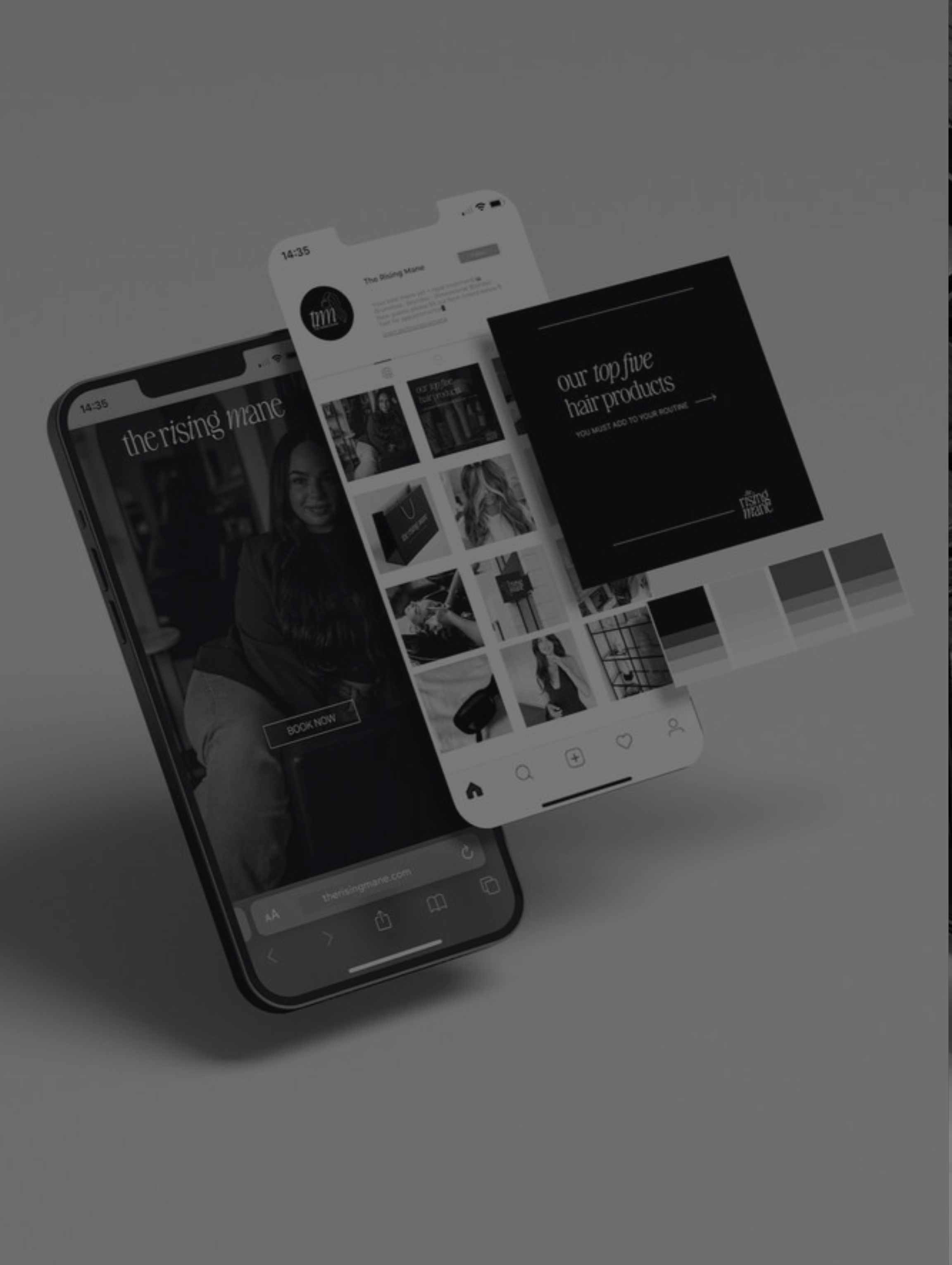 Two smartphones displaying The Rising Mane website and Instagram profile with a graphic titled 'our top five hair products.'