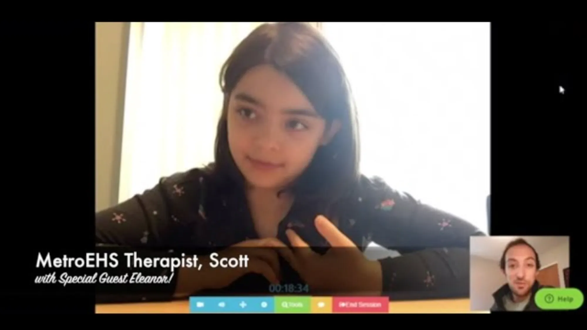 Video call showing a young girl named Eleanor and a therapist named Scott in a small inset window, with on-screen text identifying them.
