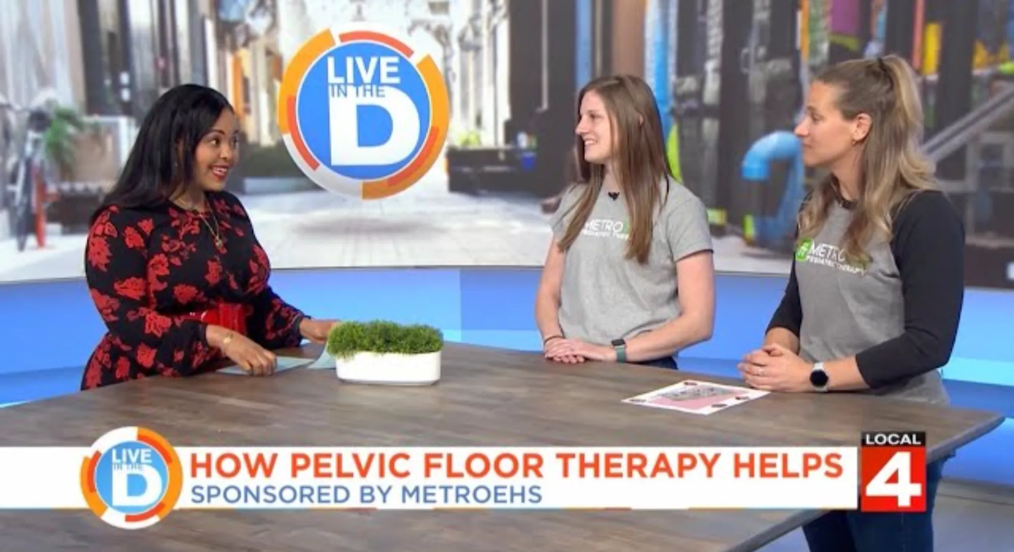 Three women seated at a studio table during a Live in the D segment about pelvic floor therapy, sponsored by MetroEHS.