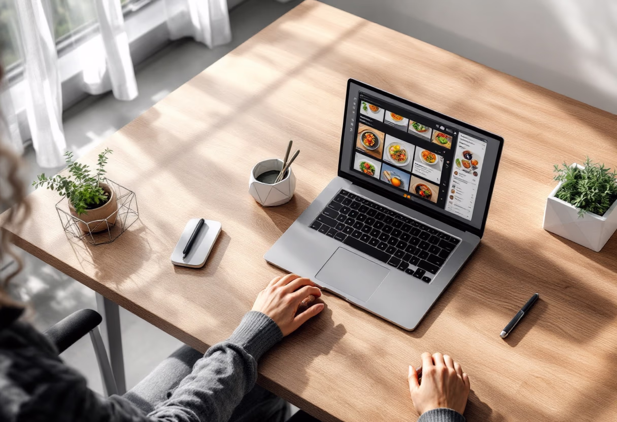 [background image] image of topdown photo of desk with laptop (for a food and agtech)