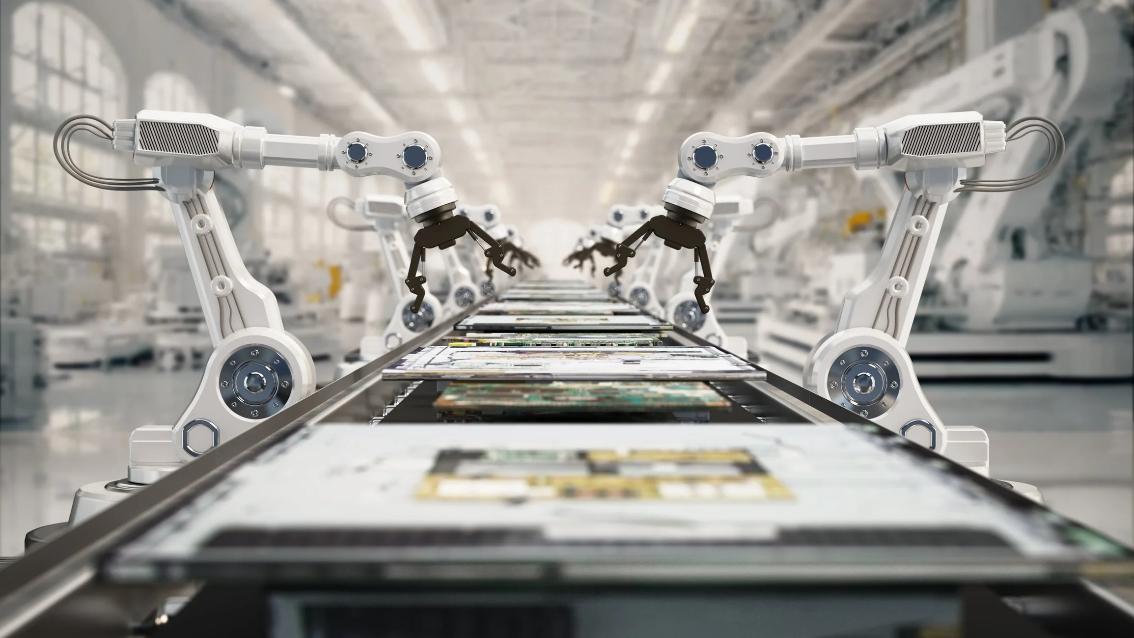 Rows of white robotic arms assemble circuit boards on a conveyor belt in a modern factory.
