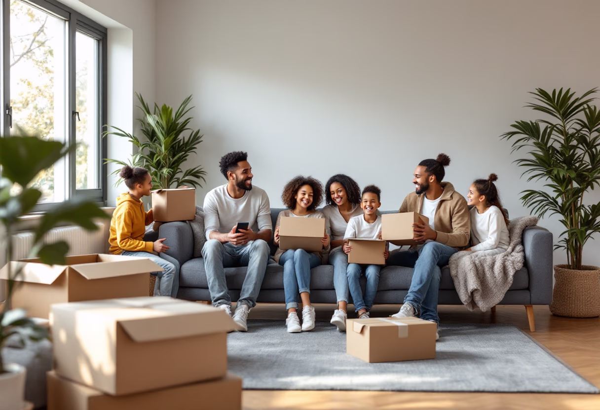 image of happy family moving (for a moving & storage company).